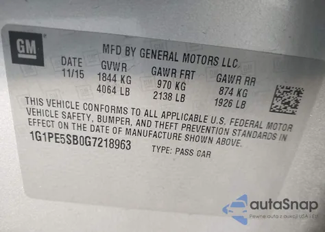 2016 Chevrolet Cruze Limited 1Lt Auto z USA, uszkodzony, nr VIN 1G1PE5SB0G7218963